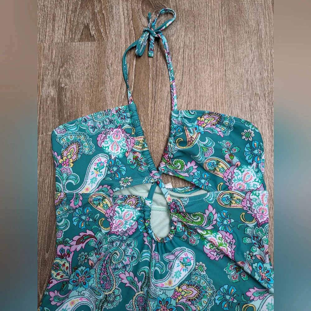 NWT Cupshe Blue Paisley Cut Out Halter Top One Piece Swimsuit Size Large